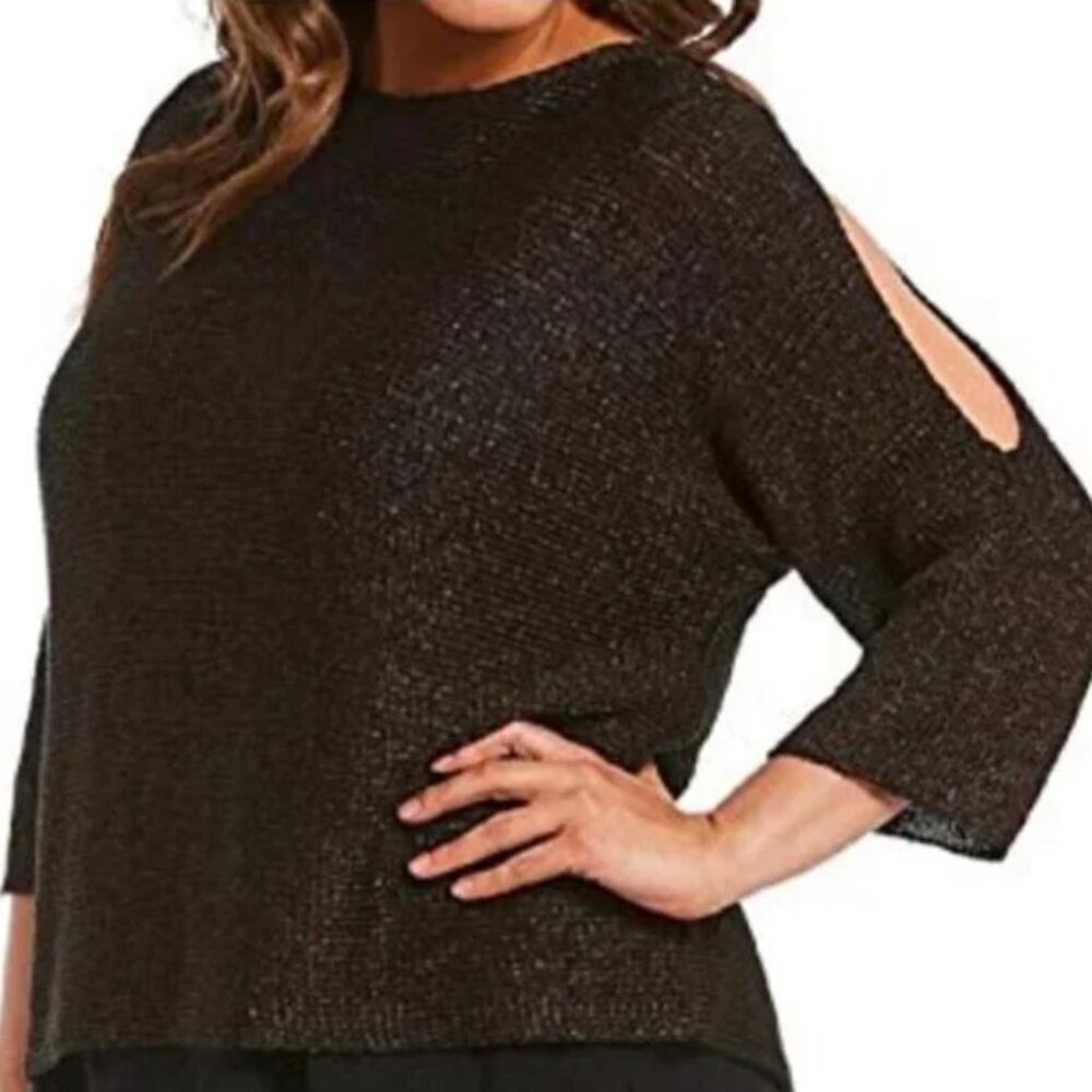 Eileen Fisher Organic Linen Black Bronze Metallic Split Sleeve Sweater Sz 2X